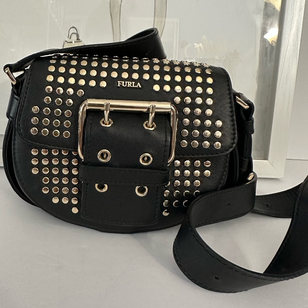 FURLA Studded Black Leather Mini Crossbody Bag Made In Italy Gold Tone Studs - Picture 3 of 17